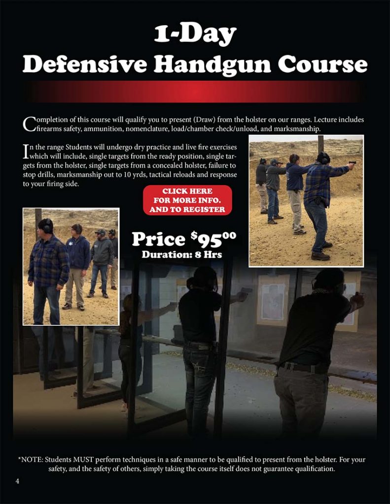 Completion of this course will qualify you to present (Draw) from the holster on our ranges. Lecture includes firearms safety, ammunition, nomenclature, load/chamber check/unload, and marksmanship. In the range Students will undergo dry practice and live fire exercises which will include, single targets from the ready position, single targets from the holster, single targets from a concealed holster, failure to stop drills, marksmanship out to 10 yards, tactical reloads and response to your firing side.