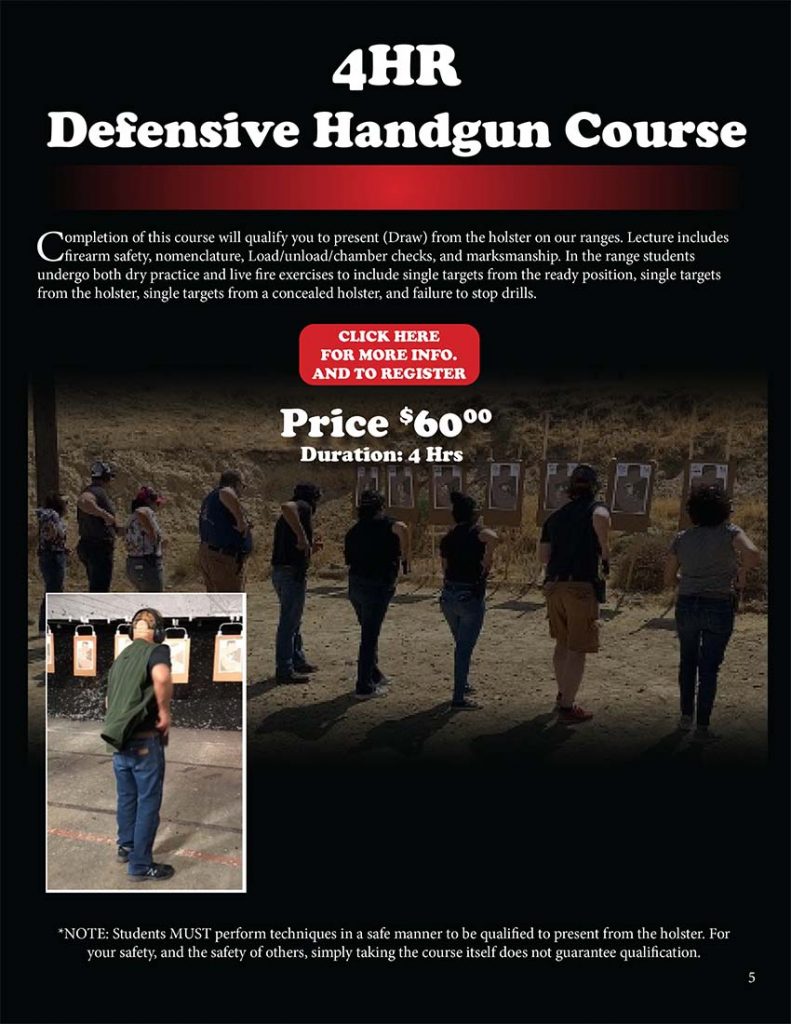 Completion of this course will qualify you to present (Draw) from the holster on our ranges. Lecture includes firearm safety, nomenclature, Load/unload/chamber checks, and marksmanship. In the range students undergo both dry practice and live fire exercises to include single targets from the ready position, single targets from the holster, single targets from a concealed holster, and failure to stop drills. *NOTE: Students MUST perform techniques in a safe manner to be qualified to present from the holster. For your safety, and the safety of others, simply taking the course itself does not guarantee qualification.